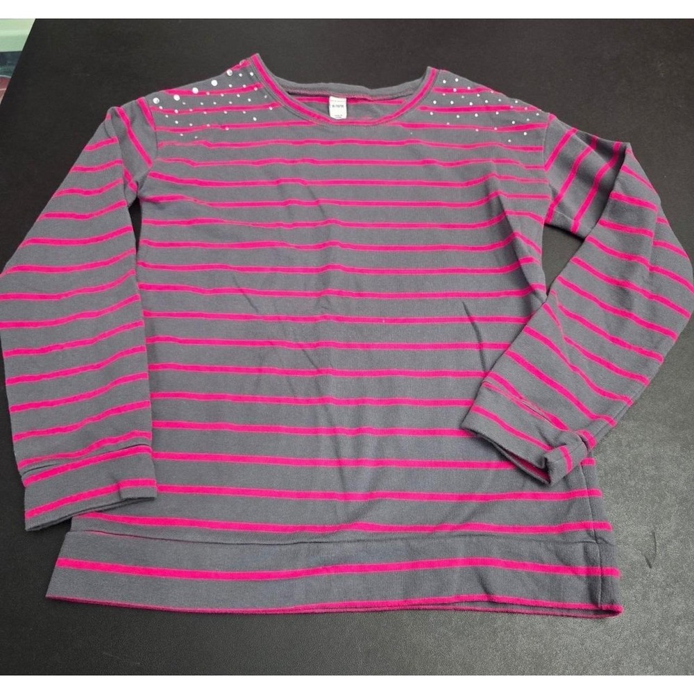 Old Navy Girls XL (14/16) Long Sleeve Striped Top - Gray & Pink with Rhinestones